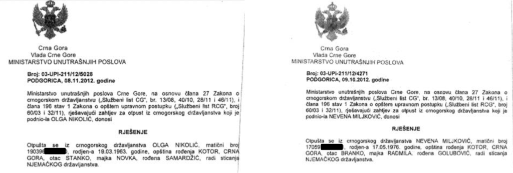 Rješenja o otpustu iz crnogorskog državljanstva Nikolić Olge i Miljković Nevene
